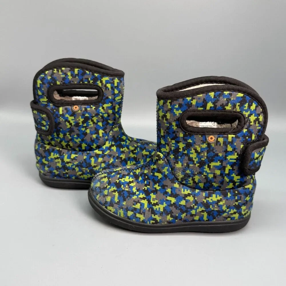 Bogs Baby Bogs II Digital Maze Kids 10 Blue Yellow Pull-On Waterproof Rain Boots